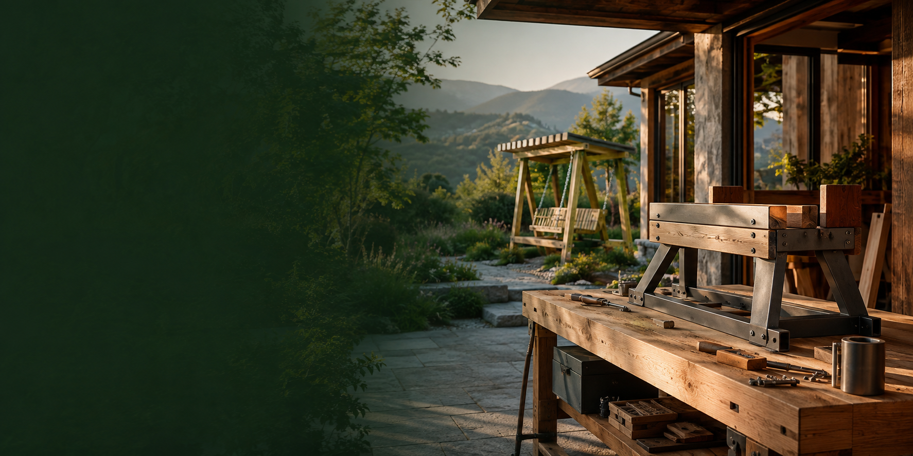 Hochwertige Werkstatt mit individuellem Holz- und Metallprojekt in einer Schweizer Gartenlandschaft